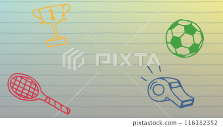 Image of multiple school concept icons against copy space on white lined paper background Image of multiple school concept icons against copy space on white lined paper background 116182352