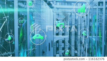 Image of icon in circles over lens flares and connected icons on server room Image of icon in circles over lens flares and connected icons on server room 116182376
