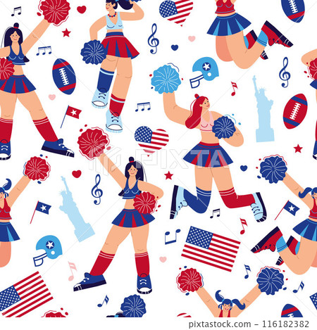 Seamless pattern Cheer leading Usa girls dancers figure vector Sport support. High school, college formation. Gymnastic legs apart pose perform. Energy dance Seamless pattern Cheer leading Usa girls dancers figure vector Sport support. High school, college formation. Gymnastic legs apart pose perform. Energy dance 116182382