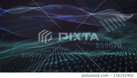 Image of multiple changing numbers and statistical data processing against digital wave 116182402