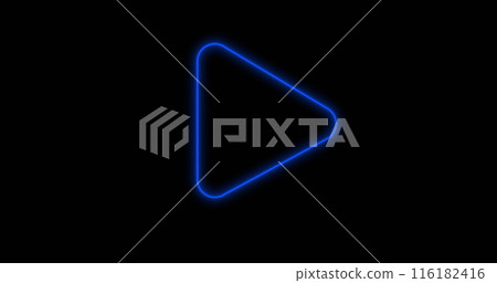 Image of blue neon play icon flickering on black background 116182416