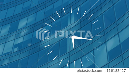 Image of ticking clock icon against view of tall building 116182427