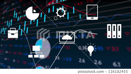 Image of digital icons over statistical and stock market data processing against blue background Image of digital icons over statistical and stock market data processing against blue background 116182455