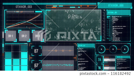 Image of interface with data processing and mathematical equations against green background 116182492