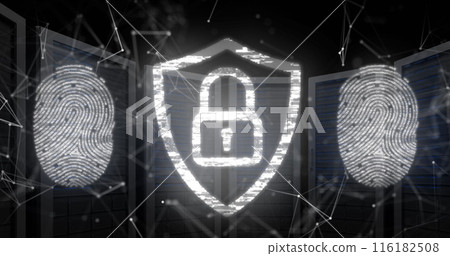 Image of fingerprints and padlock in shield over connected dots against server racks 116182508