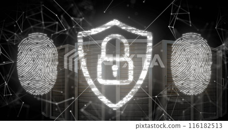 Image of padlock in shield, fingerprints and connected dots over server system rack Image of padlock in shield, fingerprints and connected dots over server system rack 116182513