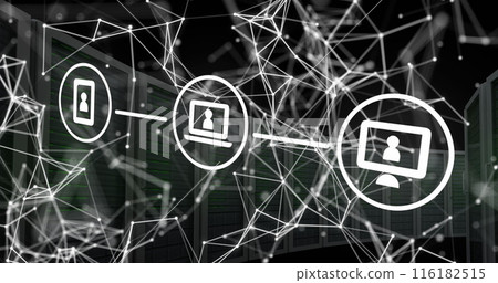 Image of connected icons and connected dots over server racks against black background Image of connected icons and connected dots over server racks against black background 116182515