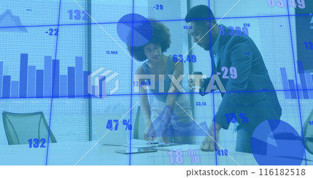 Image of multiple graphs with changing numbers, diverse coworkers discussing reports on laptop Image of multiple graphs with changing numbers, diverse coworkers discussing reports on laptop 116182518