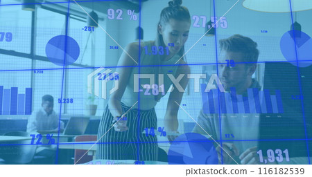 Image of multiple graphs and changing numbers over diverse coworkers discussing reports Image of multiple graphs and changing numbers over diverse coworkers discussing reports 116182539