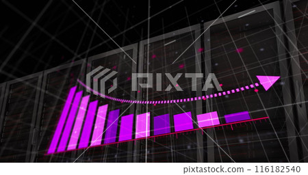 Image of arrow on graph over grid pattern over server system racks in background Image of arrow on graph over grid pattern over server system racks in background 116182540