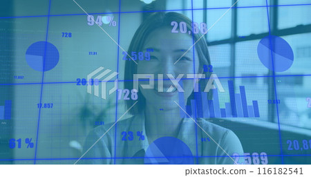 Image of graphs and changing numbers over smiling asian woman standing beside glass window Image of graphs and changing numbers over smiling asian woman standing beside glass window 116182541