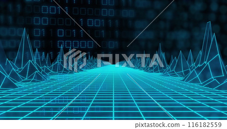 Image of 3d model of grid pattern forming mountain over binary codes against black background 116182559
