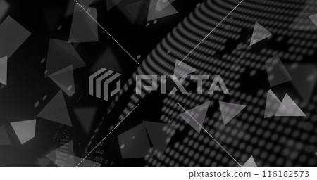 Image of 3d triangles over rotating globe against black background Image of 3d triangles over rotating globe against black background 116182573