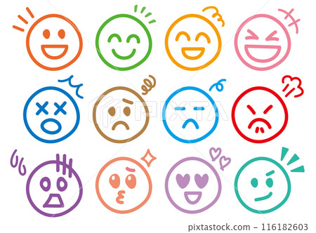 Hand-drawn emoji icons of various expressions of joy, anger, sadness, and happiness, emoticons, colorful line drawings 116182603