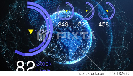 Image of loading circles, changing numbers with connected dots around globe on black background 116182632