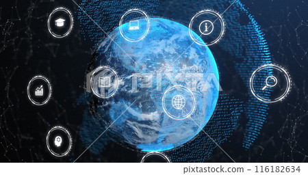 Image of icon in circles over connected dots around glove against abstract background Image of icon in circles over connected dots around glove against abstract background 116182634