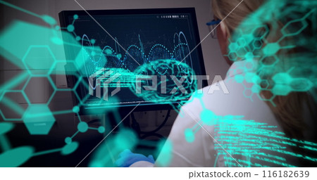 Image of brains, computer language, caucasian female scientist analyzing dna helix on computer Image of brains, computer language, caucasian female scientist analyzing dna helix on computer 116182639