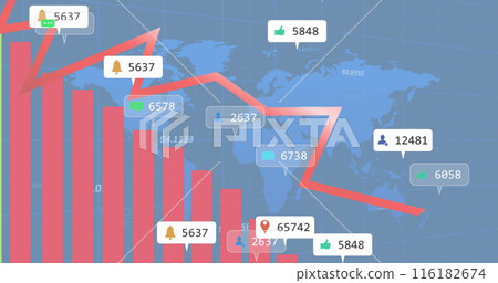 Image of graphs, notification bars and numbers with map over blue background Image of graphs, notification bars and numbers with map over blue background 116182674