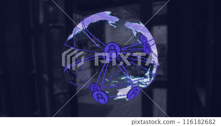 Image of globe with connected profile icons over entrance of empty coffee shop 116182682