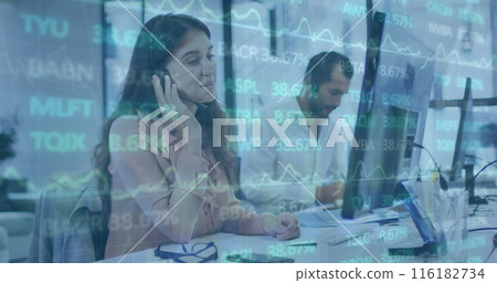 Image of trading board over caucasian female customer representative talking with customer 116182734