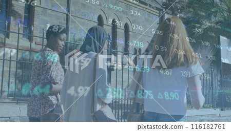 Image of multicolored trading board over diverse female friends walking on street in city 116182761