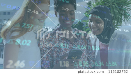 Image of stock market data processing over group of diverse women using smartphone on street Image of stock market data processing over group of diverse women using smartphone on street 116182762