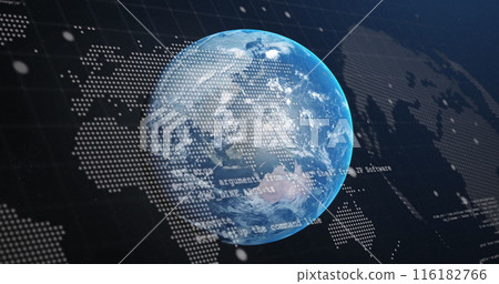 Image of computer language and map over globe against abstract background 116182766