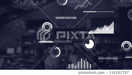 Image of multiple business graphs moving over coffee shop 116182787