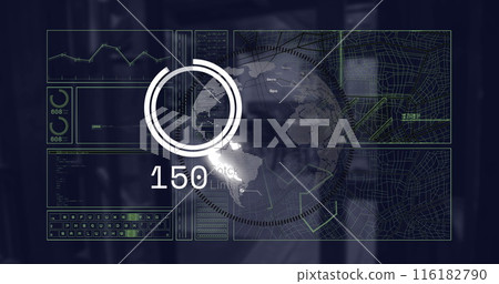 Image of globe, digital map, circle, number, graphs over coffee shop entrance 116182790