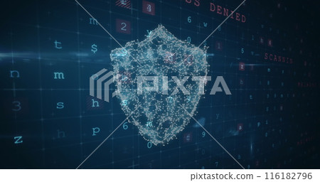 Digital face forming on blue background, displaying SCANNED and ACCESS DENIED 116182796