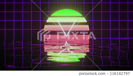 Neon green and pink shapes floating above rippling water Neon green and pink shapes floating above rippling water 116182797