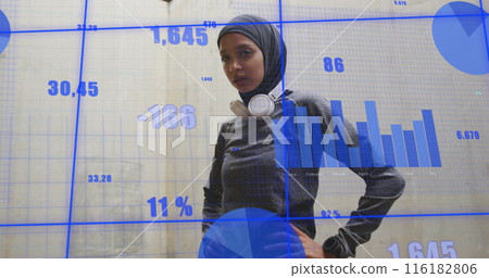 Biracial young professional wearing hijab standing in front of digital graphs 116182806
