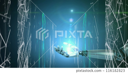 Robot hand reaching for glowing blue light, encircled by digital lines 116182823