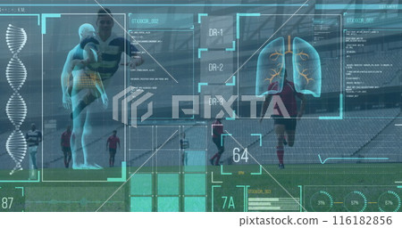 Image of digital interface with data processing over football players 116182856