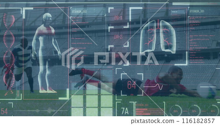 Image of digital interface with data processing over football players 116182857
