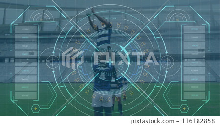 Image of digital interface with scope scanning over football players 116182858