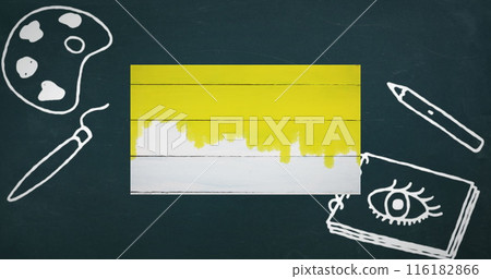 Colorful pencils on white lined paper against art concept icons on blue background 116182866