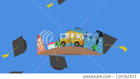 Digital image of graduation hat icons falling over school bus icon against blue background 116182871