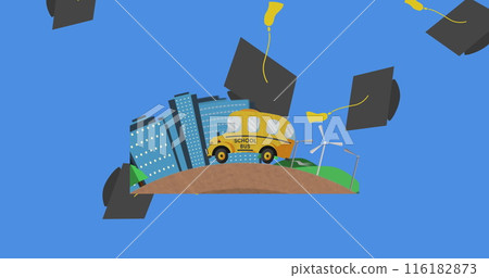 Digital image of graduation hat icons falling over school bus icon against blue background Digital image of graduation hat icons falling over school bus icon against blue background 116182873