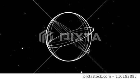 Image of white rings rotating and points of light moving on black background 116182883
