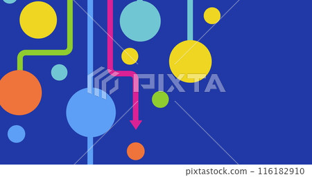 Image of colourful connected circles and pink shapes moving on blue background 116182910