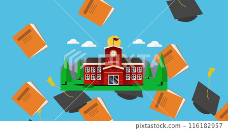 Graduation hat and book icons falling over school building icon against blue background 116182957