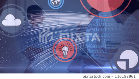 Image of globe of network of connections with icons over business people Image of globe of network of connections with icons over business people 116182961
