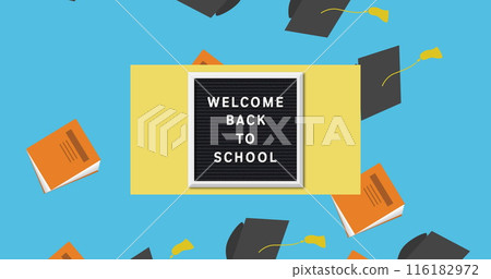 Graduation hat and book icons falling over back to school text on wooden slate on blue background 116182972