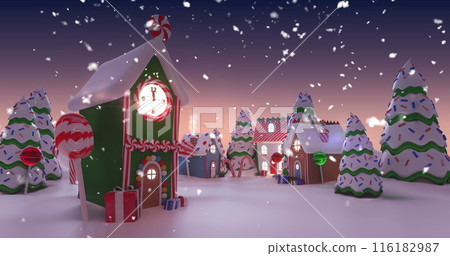 Snow gently falling, covering festive village in white Snow gently falling, covering festive village in white 116182987