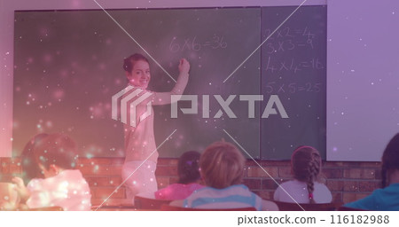 Image of light spots over caucasian female teacher writing on board with diverse schoolchildren Image of light spots over caucasian female teacher writing on board with diverse schoolchildren 116182988