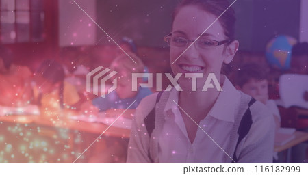Image of light spots over happy caucasian female teacher with diverse schoolchildren 116182999
