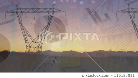 Image of graphs and data over fiend with electricity pole at sunset Image of graphs and data over fiend with electricity pole at sunset 116183031