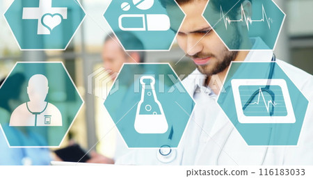 Image of medical icons over diverse group of doctros working 116183033