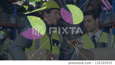 Image of graphs and data over caucasian male warehouse workers 116183035